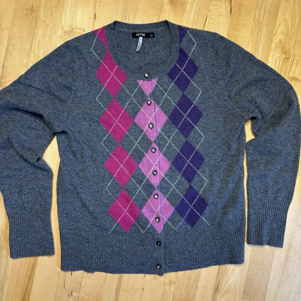 Cashmere Cardigan Soft Argyle Sweater Medium Grey Purple Preppy Pink Academia